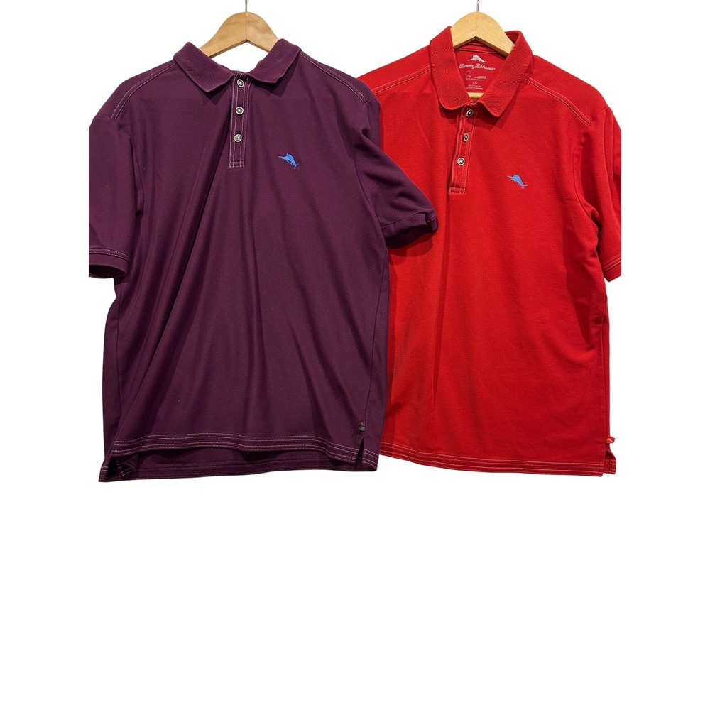 2-Tommy Bahama Polo Shirts Mens L/G Large Pima Cotton Red/Purple Marlin Logo 685